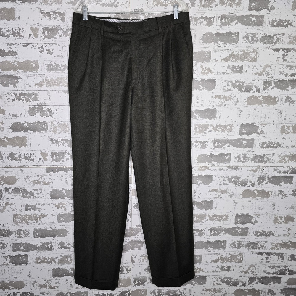 Berle Dress Pants Mens 34x31 Loden‎ Green 100% Wool Pleated Cuffed 34R